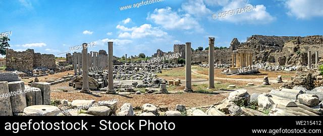 Side, Turkey. Ancient city of Side in Antalya province of Turkey on a sunny summer day