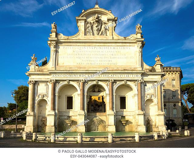 The Fontana dell'Acqua Paola also known as Il Fontanone (""The big fountain"") is a monumental fountain located on the Janiculum Hill in Rome
