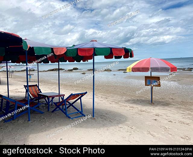PRODUCTION - 10 September 2021, Thailand, Hua Hin: The empty beach of Hua Hin - still no visitors come because of the strict quarantine rules