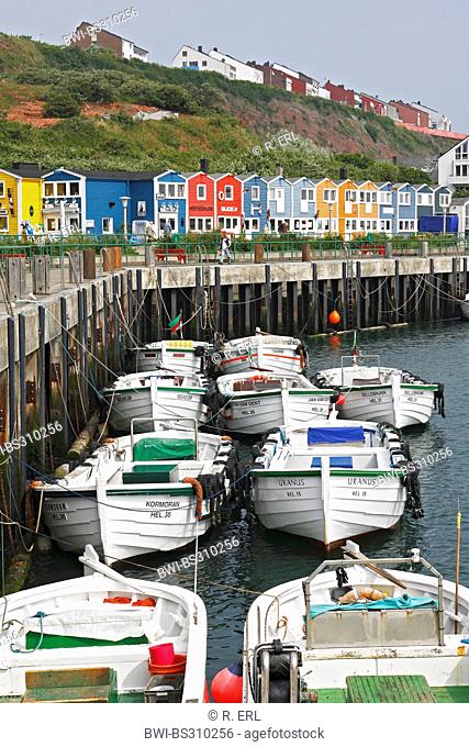 boats in front of lobster stalls on Heligoland, Germany, Schleswig-Holstein, Heligoland