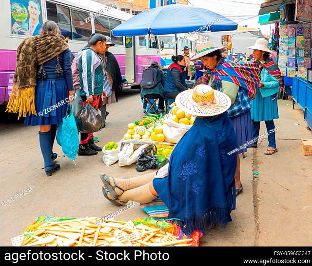 Sucre Bolivia October 19 vendors and customers at the farmer market in Northern Sucre. The market is known for the quantity and quality of goods offered