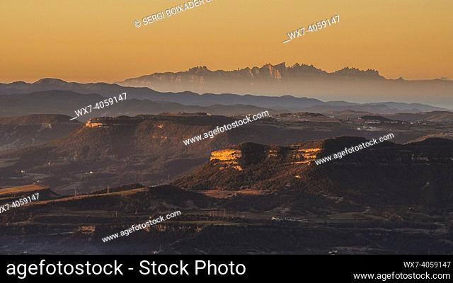 Winter sunrise in Bellmunt Sanctuary. Views to the Montserrat mountain (Osona, Barcelona province, Catalonia, Spain, Pyrenees)