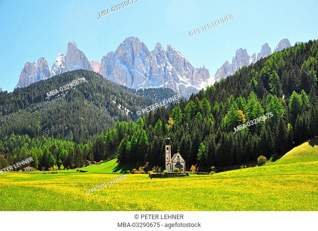 Italy, South Tirol, Villnösstal (Val di Funes), St. Magdalena, Ranui, Alpine grassland, chapel