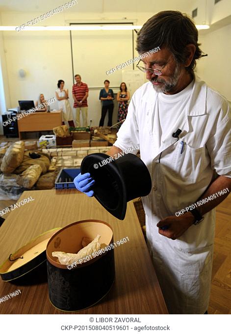 Historians unwrap hidden things in Usti nad Labem Museum, Czech Republic, August 4, 2015. Rudi Schlattner showed the hiding place to historians on July 28