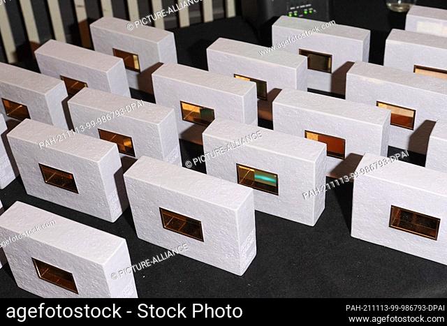 13 November 2021, Berlin: View of the trophies at the DAfF (German Academy for Television) awards ceremony at the Babylon cinema