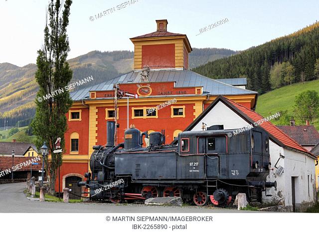 Steam locomotive and the Radwerk IV smelting furnace museum, Vordernberg, Upper Styria, Styria, Austria, Europe, PublicGround