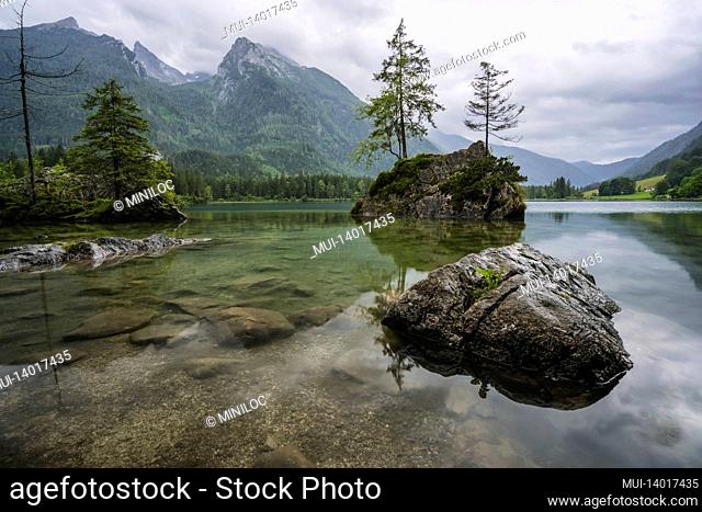 hintersee lake with reflection of watzmann mountain peaks. ramsau berchtesgaden bavaria, germany, europe