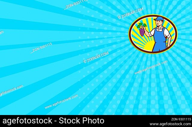 Business card showing illustration of an organic farmer boy wearing hat holding grapes viewed from the front set inside oval shape with sunburst in the...