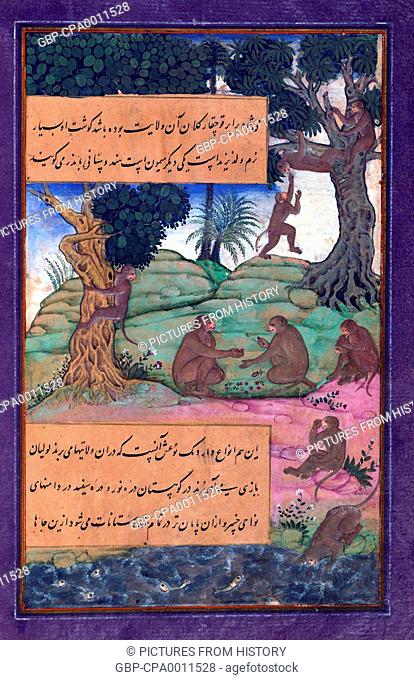 India: An illustration from the Baburnama. Animals of Hindustan - monkeys that can be taught to do tricks