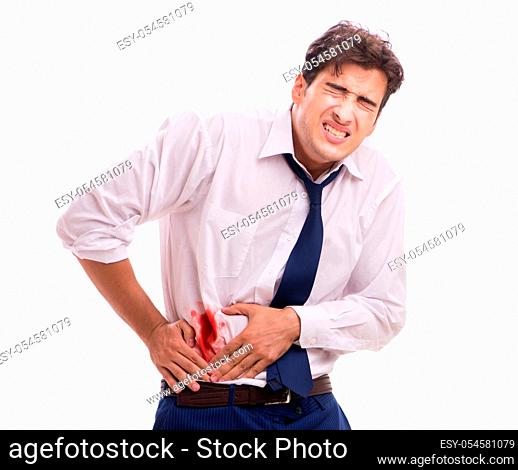 Wounded businessman with blood stains isolated on white background