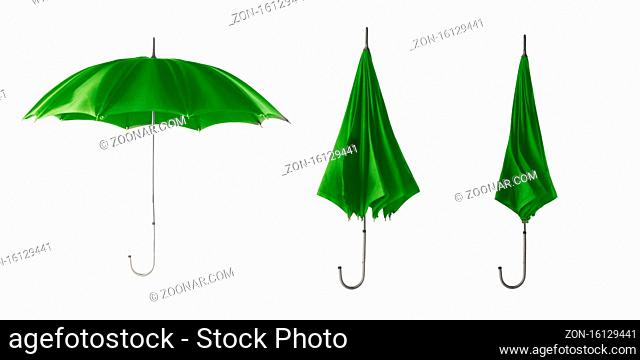 Set of green retro umbrella isolated on a white background. Step to open the umbrella
