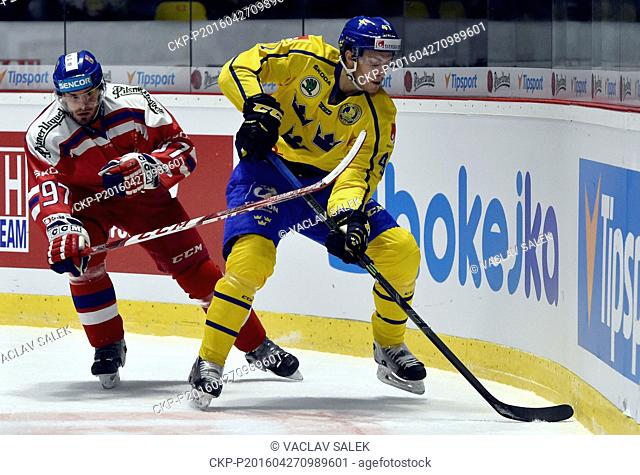 Josef Hrabal (CZE), left, and Alexander Wennberg (SWE) in action during the Euro Hockey Tour series match Czech Republic vs Sweden in Znojmo, Czech Republic