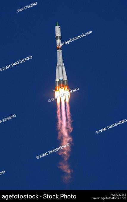 KAZAKHSTAN - FEBRUARY 9, 2023: A Soyuz-2.1a rocket booster carrying the Progress MS-22 resupply ship lifts off from the Baikonur Cosmodrome