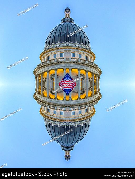 Reflection of capital dome and American flags. Geometric kaleidoscope pattern on mirrored axis of symmetry reflection. Colorful shapes as a wallpaper for...
