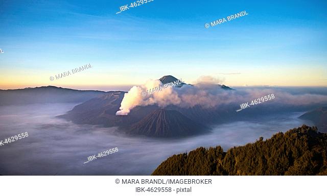 View of volcanoes at sunrise, smoking volcano Gunung Bromo, Batok, Kursi, Gunung Semeru, Bromo-Tengger-Semeru National Park, Java, Indonesia