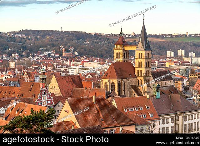 Europe, Germany, Baden-Wuerttemberg, Esslingen, old town, view from Esslingen Castle to the old town with the town church St. Dionys