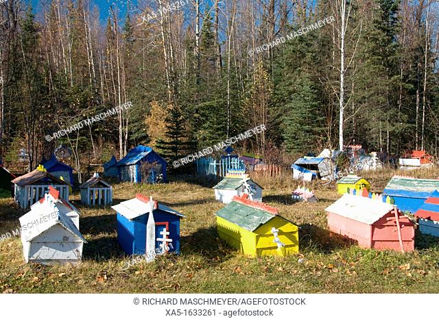 Athabaskan spirit houses in cemetery, Eklutna Historical Park, Eklutna, Alaska, USA