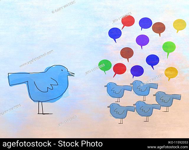 Small birds tweeting to large bird