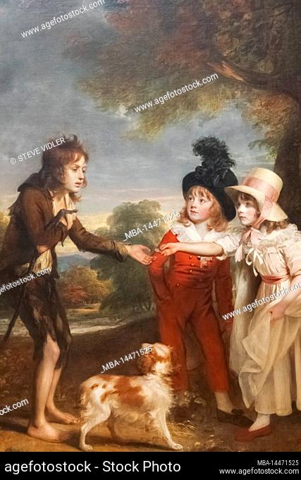 Painting titled Portrait of Sir Francis Ford's Children Giving a Coin to a Beggar Boy by William Beechey dated 1793