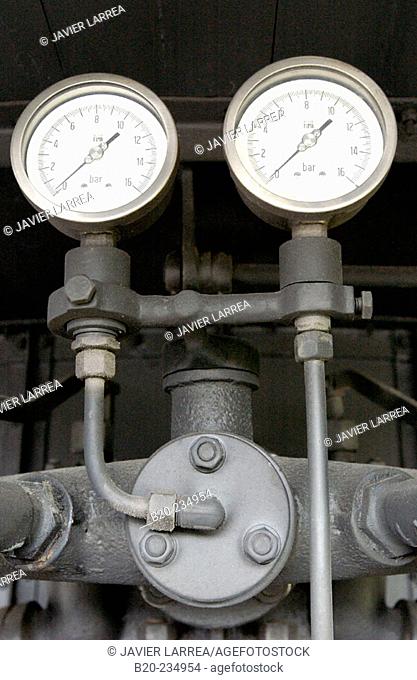 Detail of dials, steam locomotive at museum of railway history. Azpeitia. Guipúzcoa, Euskadi. Spain