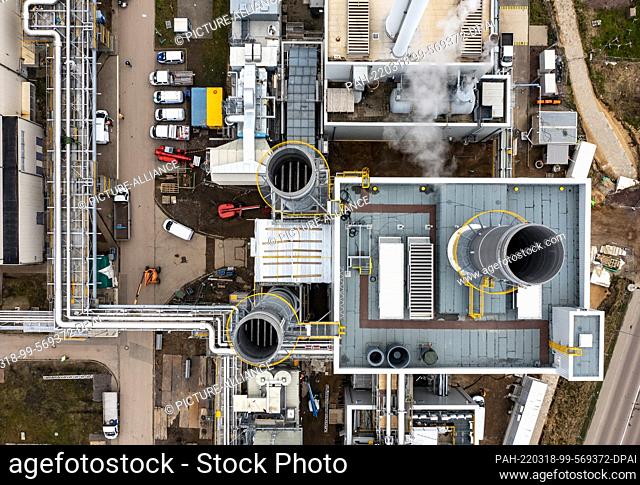 17 March 2022, Saxony-Anhalt, Leuna: View of the new gas-fired power plant for the chemical park (aerial view by drone). Leuna is considered the industry's...