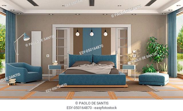 Luxury blue and brown master bedroom with double bed, armchair, footstool and dressroom on background - 3d rendering