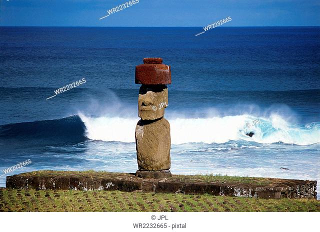 Chile, Ceremonial area of Tahai and solitary Ahu Tahi, Easter Island, Rapa Nui National Park, South America