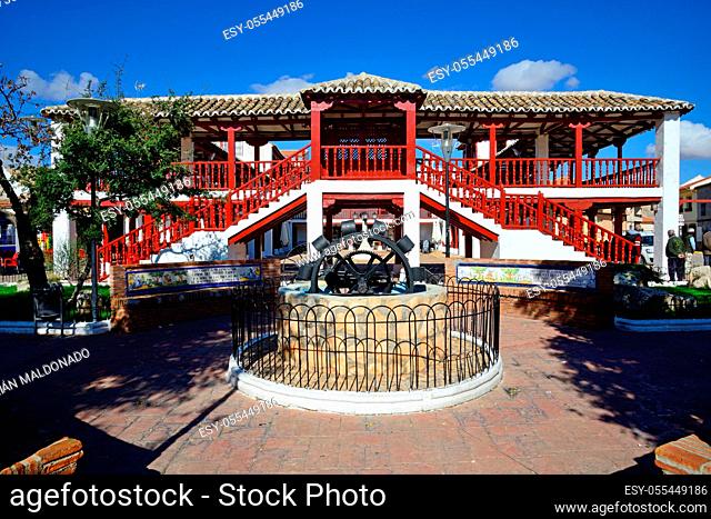 Puerto Lapice, Spain - November 1, 2018: Wooden portals of the Plaza de Puerto Lapice