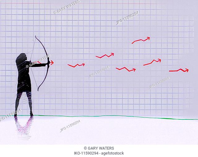 Businesswoman shooting crooked arrows on graph