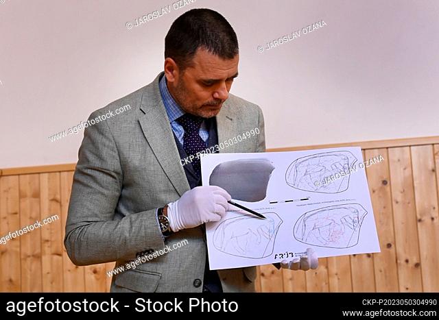 Experts from the Moravian Museum in Brno present a unique object from the older Stone Age, a river stone with engravings of a mammoth and a horse's head