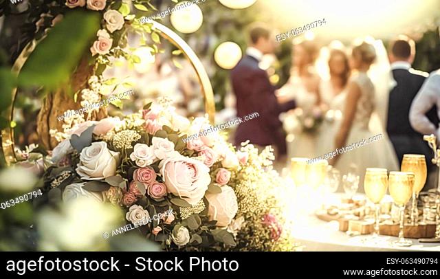 Wedding guests celebrating at a beautiful outdoor venue on a sunny day, luxury wedding decoration idea and decor inspiration with flowers