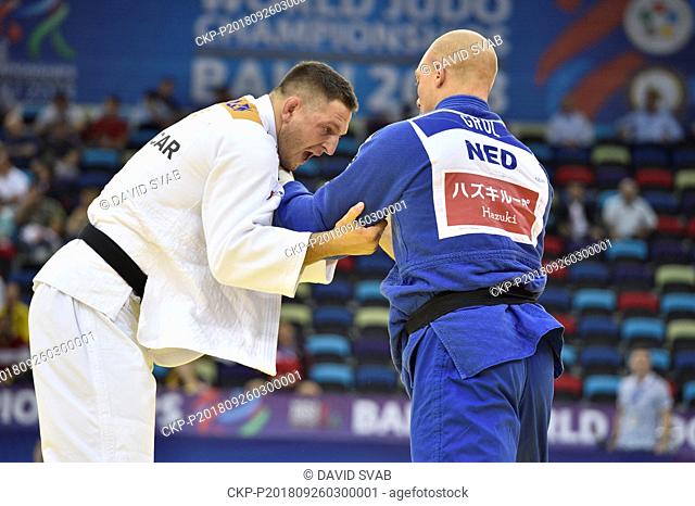 Czech judoka Lukas Krpalek (left) and Hank Grol of Netherlands in action during the World Judo Championships at National Gymnastics Arena in Baku, Azerbaijan