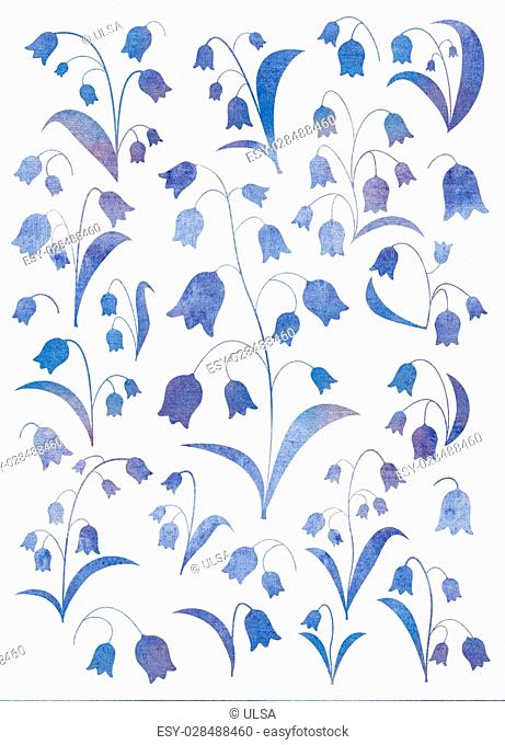 Bluebells with watercolor texture on white background