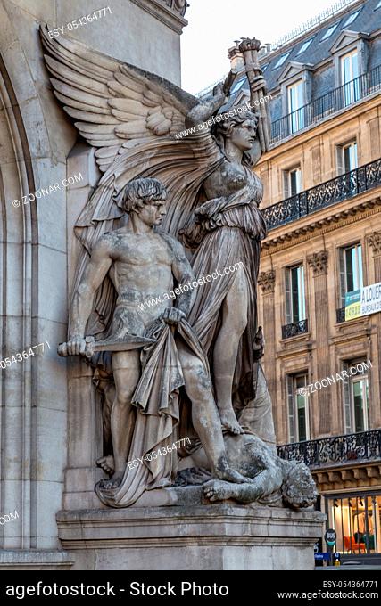 Architectural details of Opera National de Paris: Dance Facade sculpture by Carpeaux. Grand Opera (Garnier Palace) is famous neo-baroque building in Paris