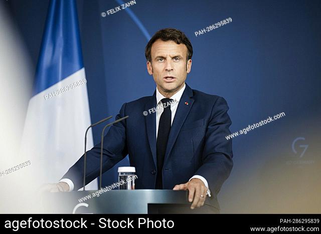 Emmanuel Macron, President of the French Republic, recorded at a press conference in the Federal Chancellery in Berlin. 05/09/2022