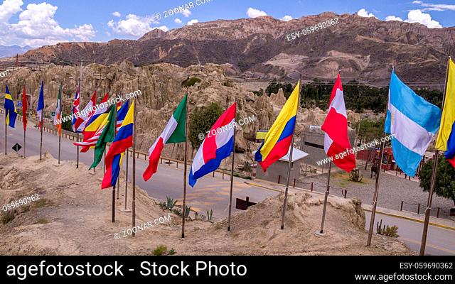 Various international flags at Valle de la Luna, La Paz, Bolivia