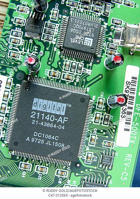 Detail of a PCI Ethernet Network controller card based on 21140-AF chip from Digital Corporation