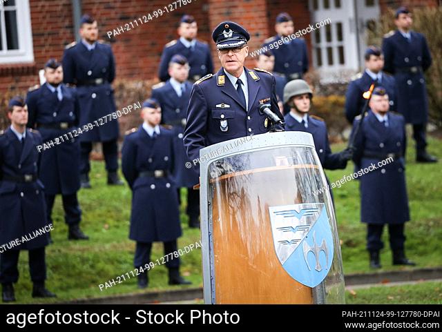 24 November 2021, Schleswig-Holstein, Appen: Thomas Berger, Commander of the Air Force NCO School, speaks at the ceremony to rename the Marseille Barracks to...