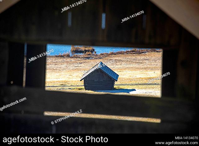 hay barn at geroldsee, hoarfrost on humpback meadows near klais, werdenfelser land, bavaria, germany
