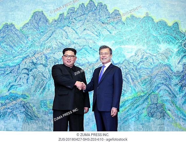 April 27, 2018 - Paju, South Korea - South Korean President MOON JAE-IN and North Korean leader KIM JONG-UN during their inter-Korean summit at the Panmunjom in...
