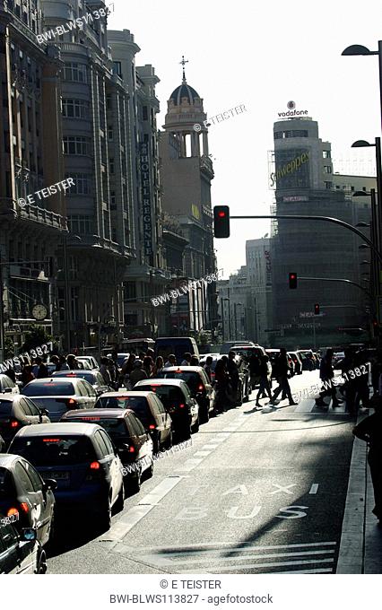 rush-hour traffic at Gran Via, Spain, Madrid