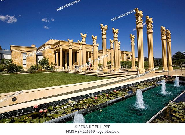 United States, California, Napa Valley, Silverado Trail, Darioush Winery entrance, Persian-type architecture based on Persepolis, fountain