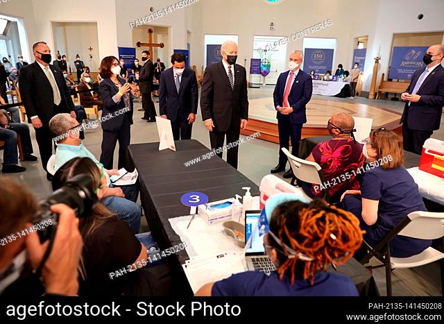 United States President Joe Biden visits a vaccination site in the Immanuel Chapel at the Virginia Theological Seminary in Alexandria, Virginia on Tuesday