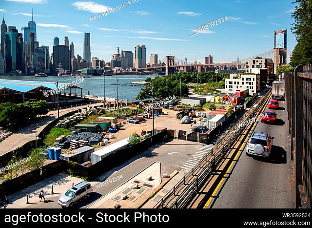 New York, City / USA - JUL 10 2018: Fort Stirling Park in clear afternoon of Lower Manhattan Skyline view from Brooklyn New York City