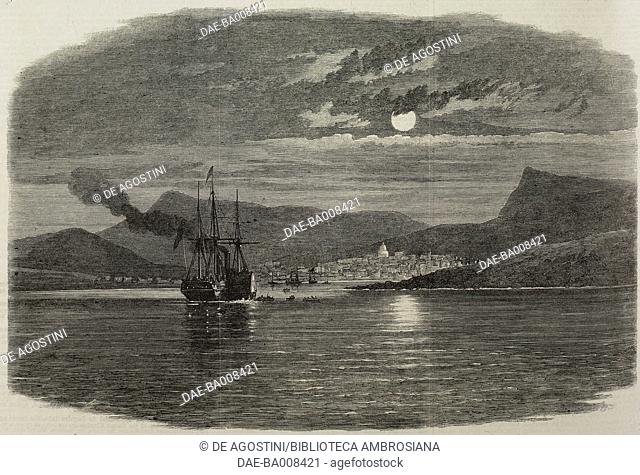 View of Jacmel from the sea, Haiti, illustration from the magazine The Illustrated London News, volume XLVI, March 11, 1865