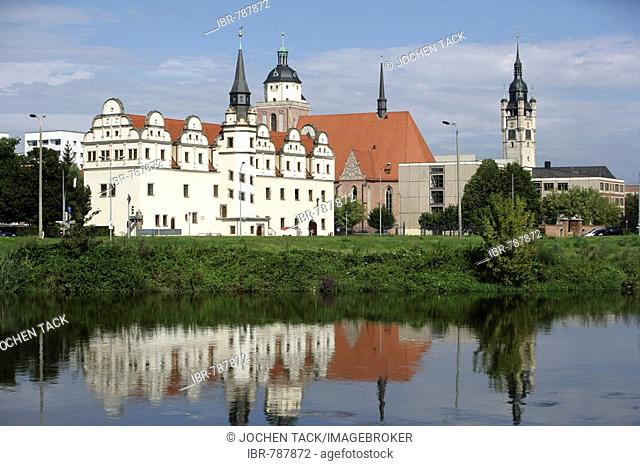 View from the Tiergartenbruecke Bridge crossing the Mulde River, view of Dessau, Saxony-Anhalt, Germany