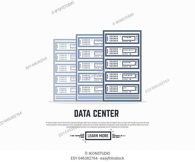 Three cloud servers. Thick lines and flat style illustration. Server with display and abstract lines