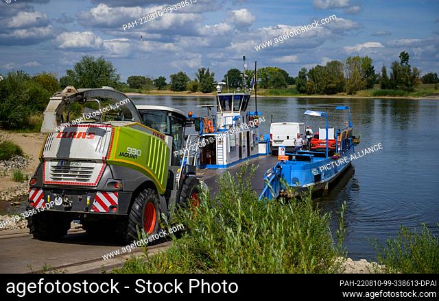 09 August 2022, Lower Saxony, Bleckede: A chopper drives onto the Elbe ferry ""Amt Neuhaus"". It has hardly rained for weeks and the water levels of the rivers...