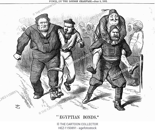 Egyptian Bonds, 1882. John Bull represents the British Navy, and is tied to a small French sailor. At the right of the cartoon is Arabi Pasha who was generally...