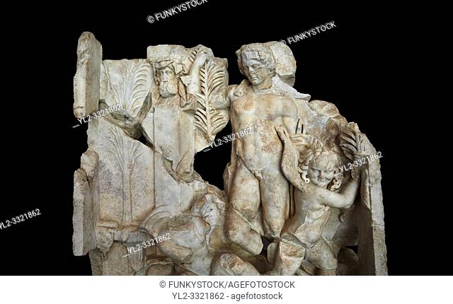 Close up of a Roman Sebasteion relief sculpture of Agon Aphrodisias Museum, Aphrodisias, Turkey. Against a black background.